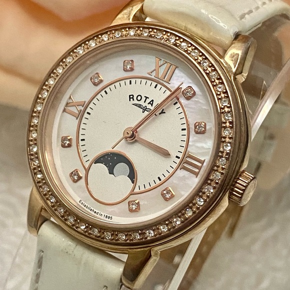 Gorgeous Rotary Mother of Pearl Dial Crystal Bezel Moon Phase Watch LS00164/41 - Picture 7 of 15